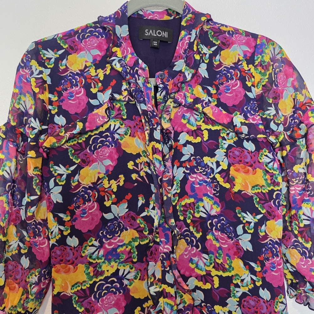 SALONI Tilly Ruffle Floral Print Silk Belted Romantic Mini Dress Size 4 - Picture 7 of 13